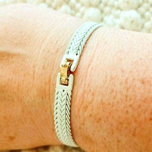 Monet Vintage Braided Enamel Bracelet 7" White & Gold Chevron Design